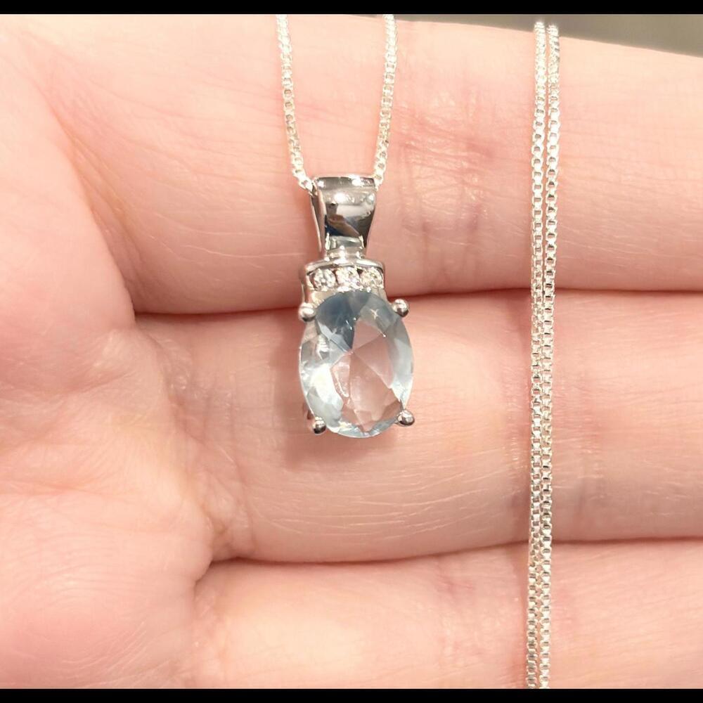 Blue Cubic Zirconia Pendant: Small light blue 10K solid white gold solit… - Picture 3 of 10